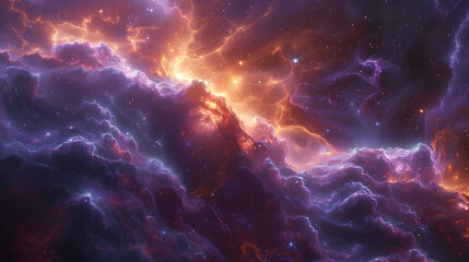 Wall Mural - Cosmic scene with a dense, colorful nebula, where rich purples and blues intermingle with subtle hints of gold, symbolizing the mystery and vastness of space 