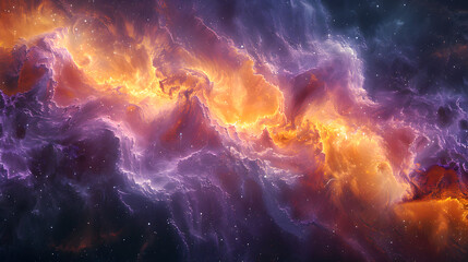 Wall Mural - Cosmic scene with a dense, colorful nebula, where rich purples and blues intermingle with subtle hints of gold, symbolizing the mystery and vastness of space 