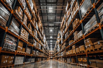 Warehouse with high shelves filled with goods stored on big industrial shelves. Industrial shipment center