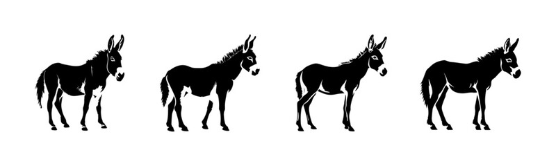 Wall Mural - black donkey silhouette cutout. set of donkey animal silhouette on transparent background