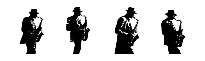 Wall Mural - jazzman silhouette. set of black jazz man on transparent background