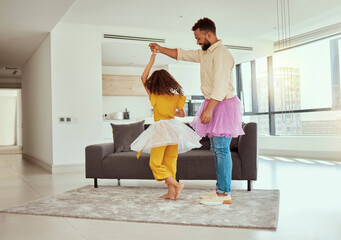 Canvas Print - Child, dad and dancing in lounge for fantasy, development and together or growth with tutu. Father or man, games and happy or dress up in living room or house for cosplay and love or smile for family