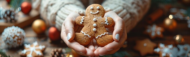 Wall Mural - Someone holding a gingerbread in their hands with decorations around them, Christmas background, Food background