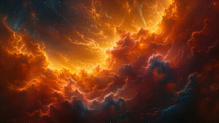 Abstract depiction of a nebula with luminous clouds of gas and dust in vivid oranges and reds, creating a sense of depth and movement in the cosmic expanse 