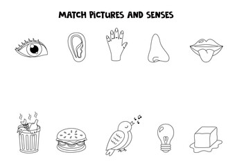 Wall Mural - Match objects and senses. Educational logical game for kids. Five senses worksheet.