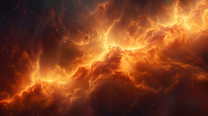 Wall Mural - Abstract depiction of a nebula with luminous clouds of gas and dust in vivid oranges and reds, creating a sense of depth and movement in the cosmic expanse 