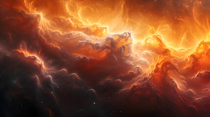 Wall Mural - Abstract depiction of a nebula with luminous clouds of gas and dust in vivid oranges and reds, creating a sense of depth and movement in the cosmic expanse 