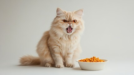 A fluffy Persian cat holds a bowl of dry cat food against a white background. The image represents pet nutrition and care for pets.