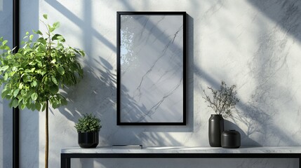 Poster - An indoor plant and a decorative vase are displayed next to framed posters on a marble wall in a modern interior.