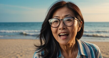 Poster - asian middleaged woman beach summer background looking happy amazed surpised wow shocked expression with copy space