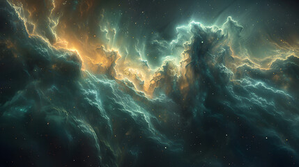 Wall Mural - A swirling nebula featuring bright, glowing hues of green and blue, with wispy, smoky tendrils stretching across the canvas, evoking the boundless nature of the cosmos 