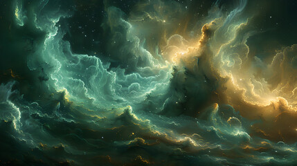 Wall Mural - A swirling nebula featuring bright, glowing hues of green and blue, with wispy, smoky tendrils stretching across the canvas, evoking the boundless nature of the cosmos 