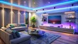 © DigitalArt Max - Modern living room ambiance exudes futuristic charm with ambient smart technology, color-changing LED lights behind sleek TV, smart speaker, wall-mounted thermostat, and discreet IoT devices.