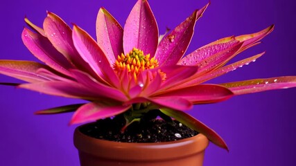 Canvas Print - Blooming pink flower in clay pot on purple backdrop