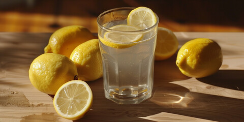 Wall Mural - Clear glass of lemon water on a wooden surface with whole lemons beside it