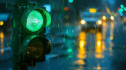 Aufkleber - A green traffic light piercing through the rain, illuminating the wet road.