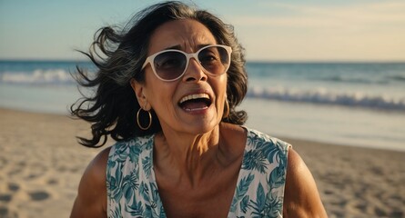 Poster - hispanic middleaged woman beach summer background looking happy amazed surpised wow shocked expression with copy space