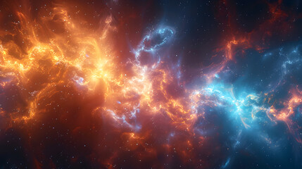 Wall Mural - A cosmic nebula featuring a palette of cool blues and warm oranges, with swirling patterns and smoky textures, symbolizing the infinite and ever-changing nature of the universe 