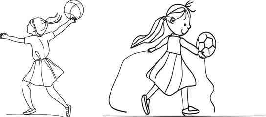 Fototapete - One-line continuous art drawing of a baby girl playing with a ball