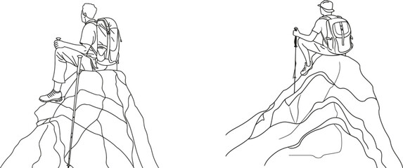 Aufkleber - This continuous line art sketch shows a man with backpack and trekking poles sitting on the top of a mountain peak. It shows him hiking and climbing the mountain.