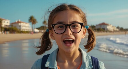 Poster - nerd young kid girl beach summer background looking happy amazed surpised wow shocked expression with copy space