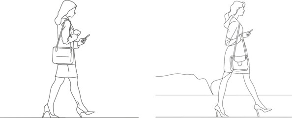 Leinwandbilder - A happy young business woman holding a briefcase. One line art of an office worker.
