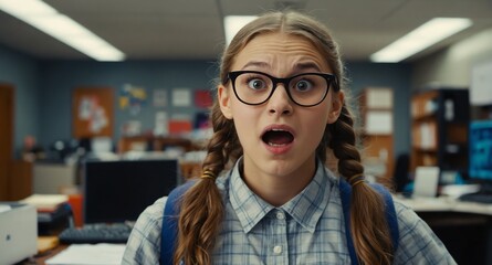 Poster - nerd young teen girl office background looking happy amazed surpised wow shocked expression with copy space