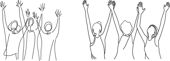 Aufkleber - An office worker stands up and jumps with joy. Young, successful businessman and businesswoman communicate their excitement about new projects. Hand-drawn in a minimalistic style.