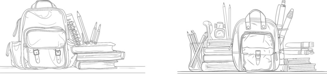 Aufkleber - An illustration for a page layout. One continuous line drawing of a book, ruler, school bag, graduation cap. Modern one line graphic design. Education concept.