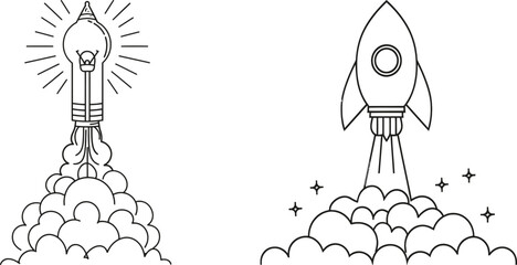 Poster - Rocket bulb company icon label concept. Modern one line drawing graphic design modern illustration.