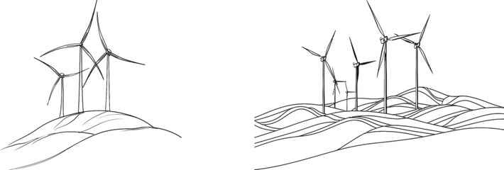 Aufkleber - In this continuous line art drawing style, wind turbines produce electricity in a hilly landscape. Renewable energy. Black linear design isolated on white.