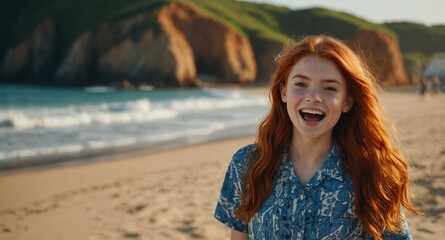 Poster - redhead cute teen girl beach summer background looking happy amazed surpised wow shocked expression with copy space