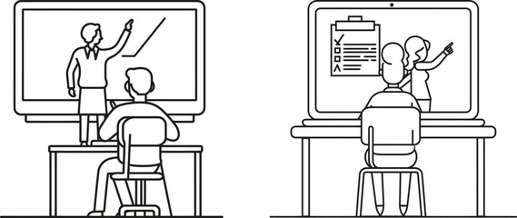Fototapete - Drawing of male teacher holding book in hands while teaching female junior high school students sitting on benches around desk.