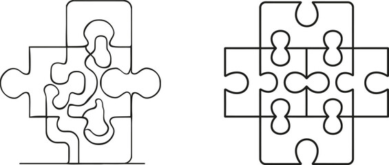 Poster - Illustration with continuous line work of a puzzle, pieces of a problem-solving business, an object with one line, single line art, and modern art