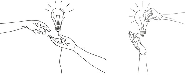 Poster - One line image of a light bulb and two palm hands representing ideas. Symbol for creative problem solving. Illustration of the modern era.