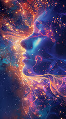 Wall Mural - Close-up of Human Figure with Streams of Cosmic Energy, Creating a Glowing Ethereal Effect Against a Deep Space Background