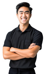 happy asian man in his 30s wearing a black polo shirt as job uniform, smiling with arms crossed.