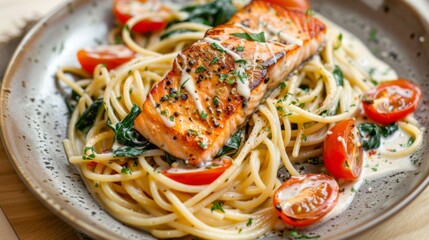 Poster - A plate of salmon pasta with creamy sauce, spinach, and cherry tomatoes.