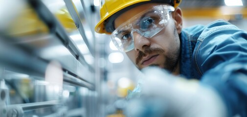 Wall Mural - Focused factory worker wearing safety gear operates machinery in an industrial setting, highlighting precision and craftsmanship.