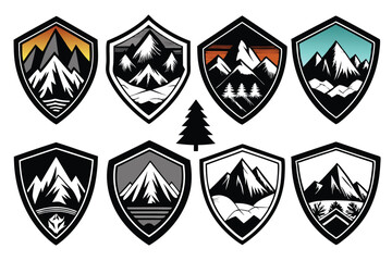 Wall Mural - Mountainous silhouette emblems with vintage textures for outdoor adventure gear, travel, camping, hiking, and climbing clubs, and nature-themed designs.