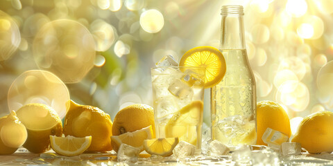 Poster - Bottle of sparkling lemonade, placed next to a glass with ice cubes and a lemon slice