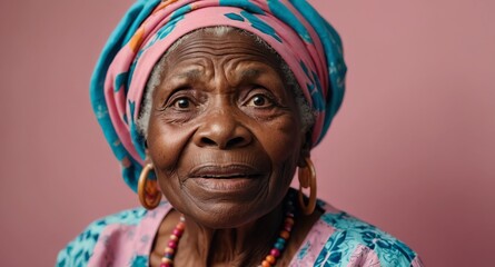 Poster - african elderly woman plain pink background looking happy amazed surpised wow shocked expression with copy space