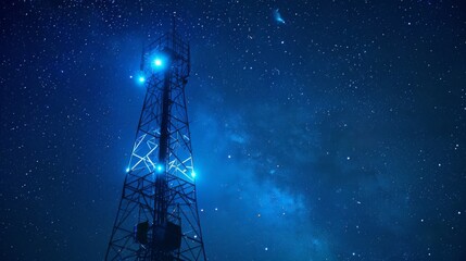 A signal tower with neon blue lights, standing out against a starry night sky.