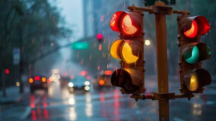 Poster - A traffic light changing from red to green amidst a rainy cityscape.