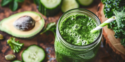 Wall Mural - Blended green beverage in a mason jar, next to fresh avocado and cucumber