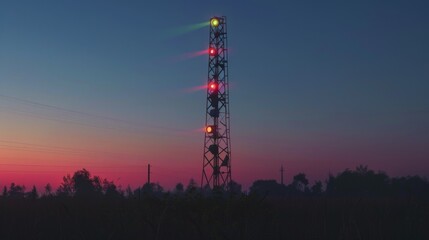 Wall Mural - A tall signal tower with lights changing colors in a sequence, set against the evening sky.