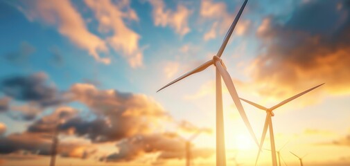 Wall Mural - A wind farm with a sunset in the background