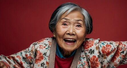 Poster - asian elderly woman plain red background looking happy amazed surpised wow shocked expression with copy space