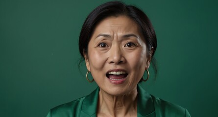 Poster - asian middleaged woman plain green background looking happy amazed surpised wow shocked expression with copy space