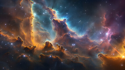 Wall Mural - A swirling nebula featuring bright, glowing hues of green and blue, with wispy, smoky tendrils stretching across the canvas, evoking the boundless nature of the cosmos 